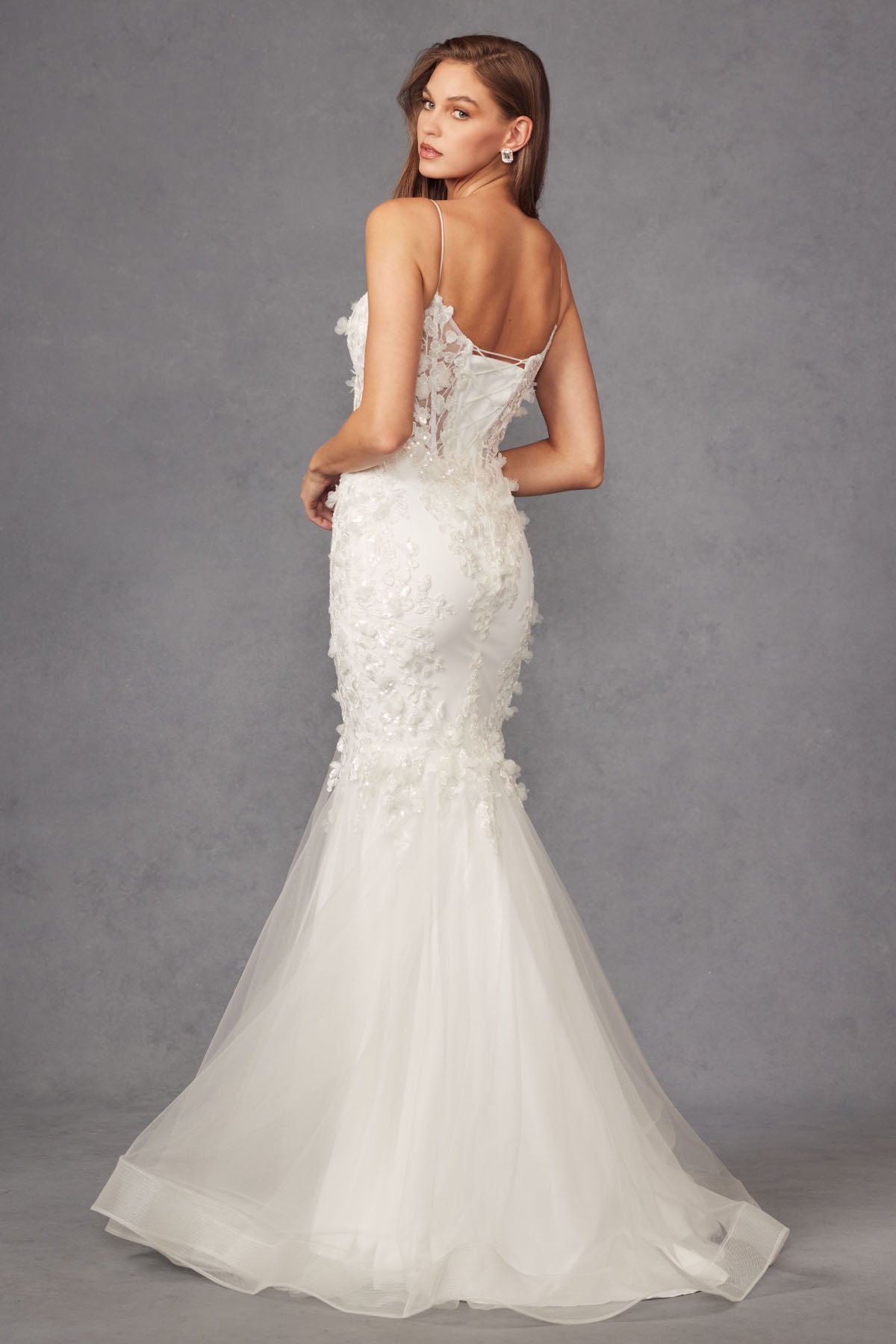 Fitted Lace Mermaid Corset V-Neck Long Wedding Dress JTJT2469KW