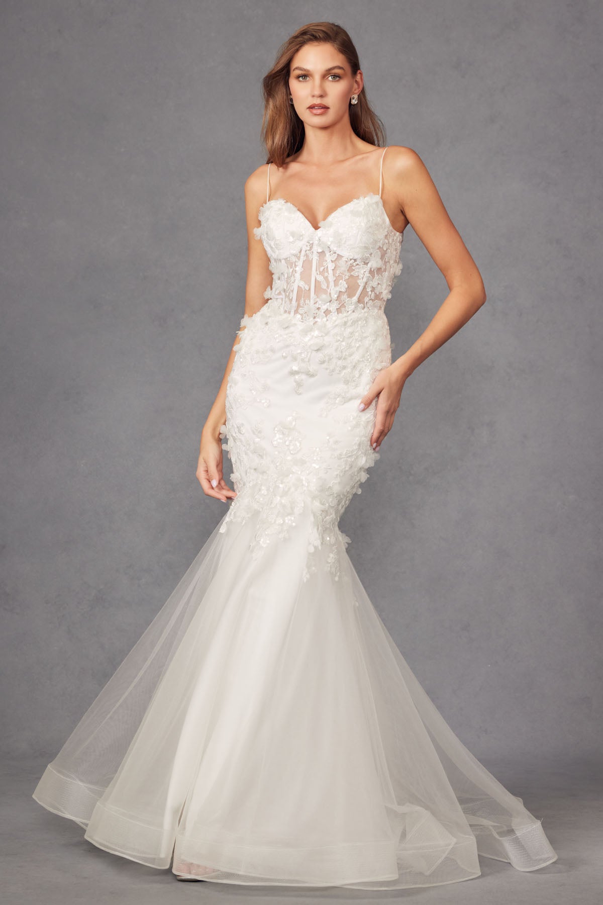 Fitted Lace Mermaid Corset V-Neck Long Wedding Dress JTJT2469KW