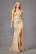 Long Off-Shoulder Sleeveless Sheath Dress with Sequin Embroidery JTJT2471L
