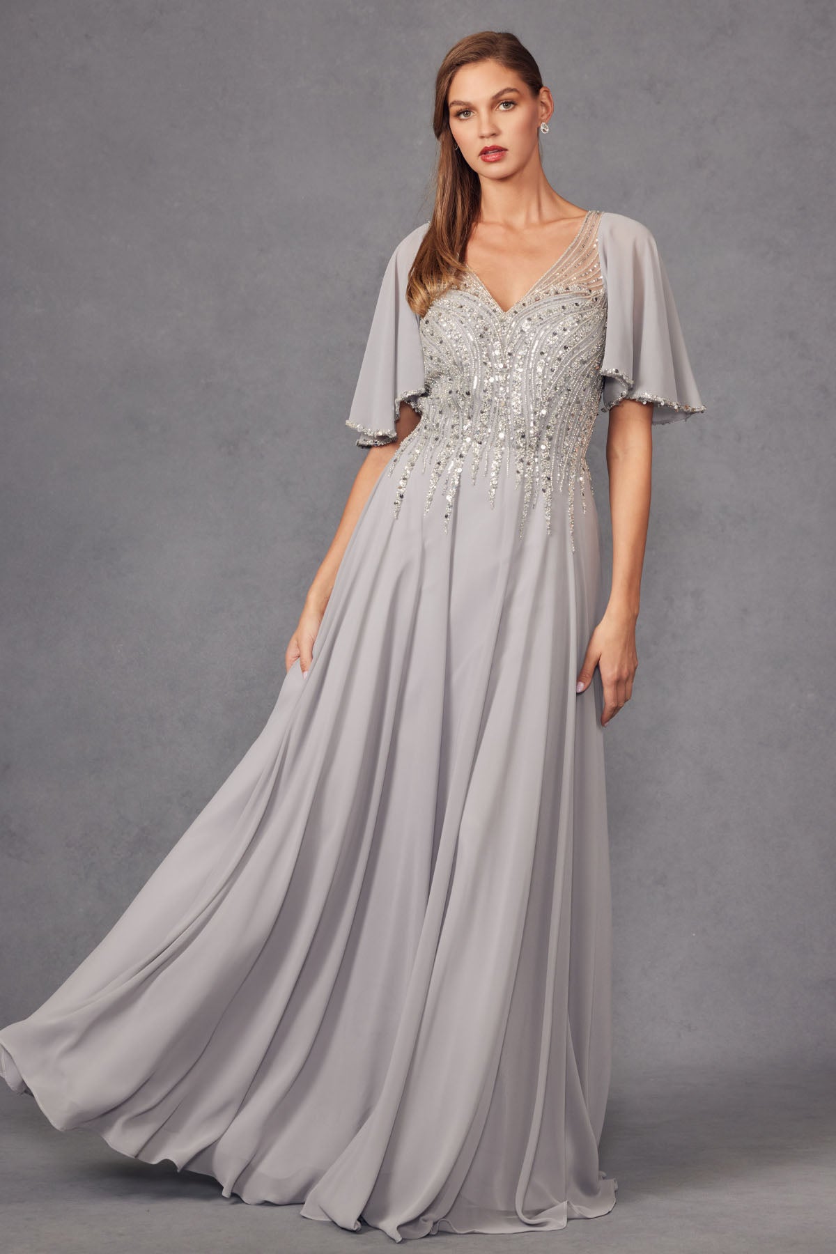 Chiffon Sleeves Deep V-Neck Embroidered Sequin Long Mother Of The Bride Dress JTJTM14F