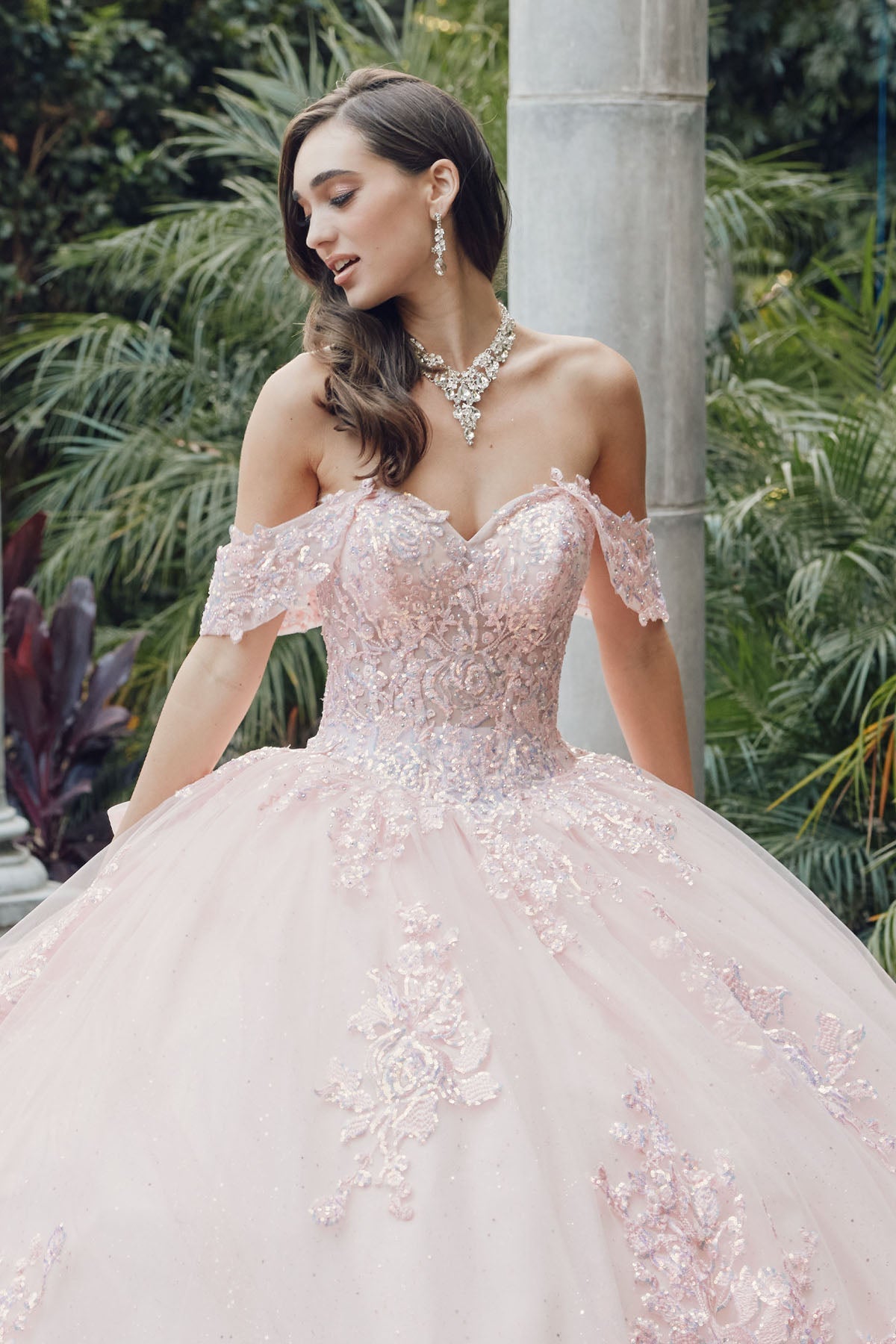 Off Shoulder Embroidered Lace Glitter Long Quinceanera Dress JTJT1458J
