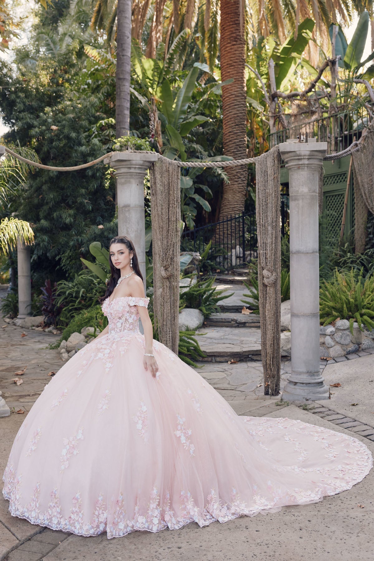 Off Shoulder Embroidered Lace Open Corset Back Long Quinceanera Dress JTJT1460J