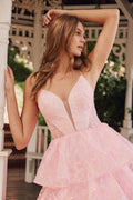 Illusion V-Neck Tulle Ruffle Skirt Lace Up Back Long Prom Dress JTJT2438K