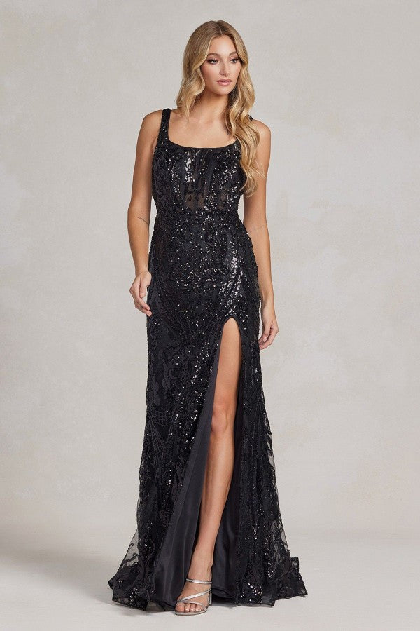 Embroidered Sequins Square Neck Side Slit Long Prom Dress NXC1103