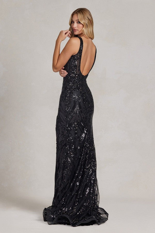 Embroidered Sequins Square Neck Side Slit Long Prom Dress NXC1103