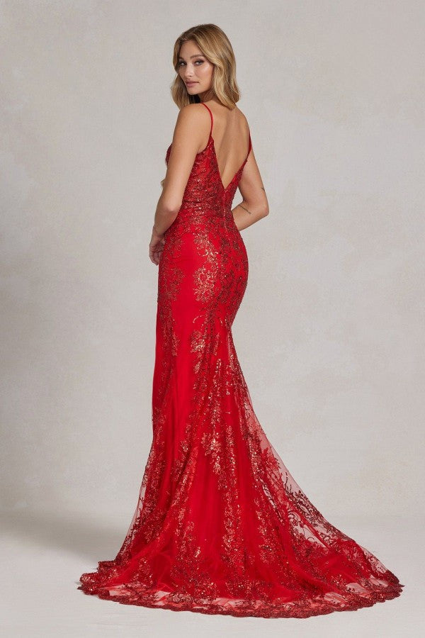 Embellished V-Neck Lace Evening Gown with Slit – Available in Fuchsia & Light Blue NXC1197