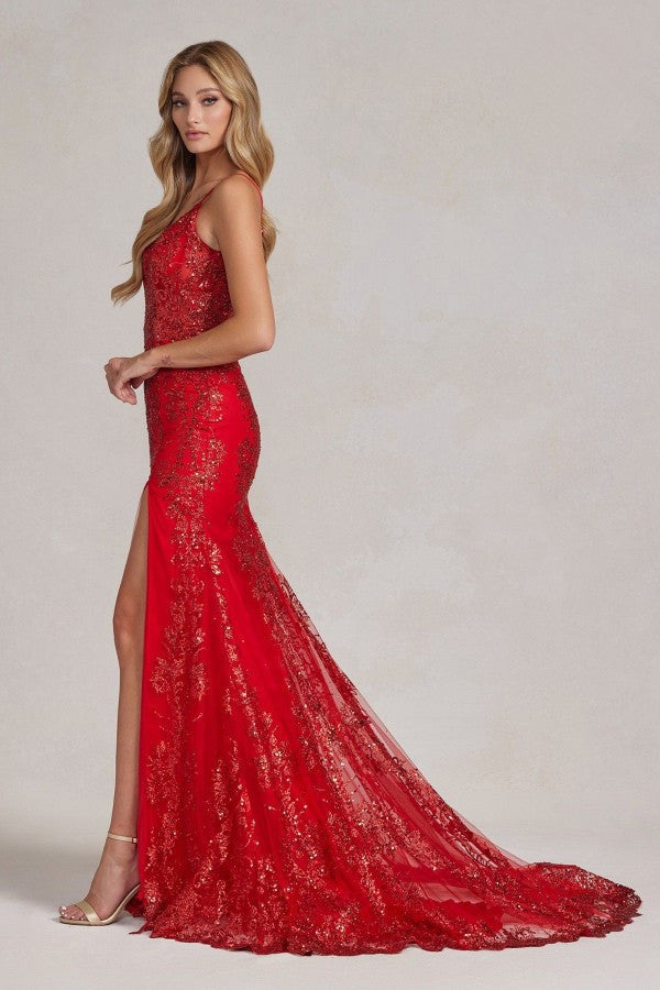 Embellished V-Neck Lace Evening Gown with Slit – Available in Fuchsia & Light Blue NXC1197