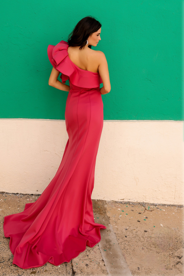 One Shoulder Ruffle Overlay Trumpet Long Prom Dress NXE467