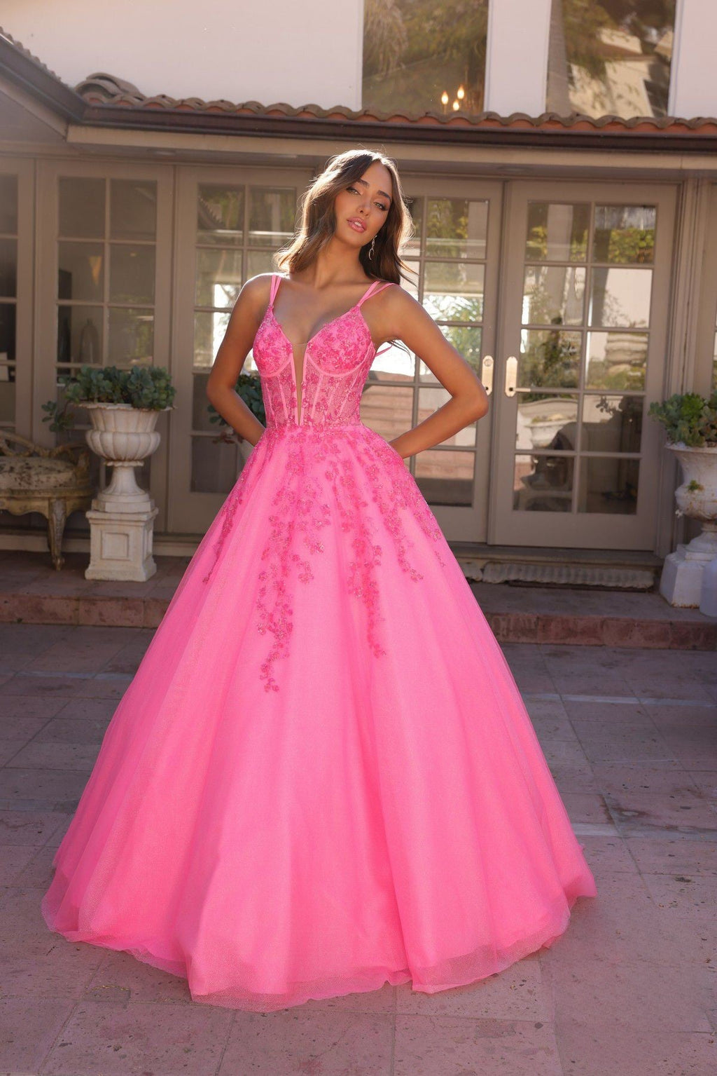 Elegant Spaghetti Straps Long Prom Dress with Open V-Back | Sleeveless Ball Gown