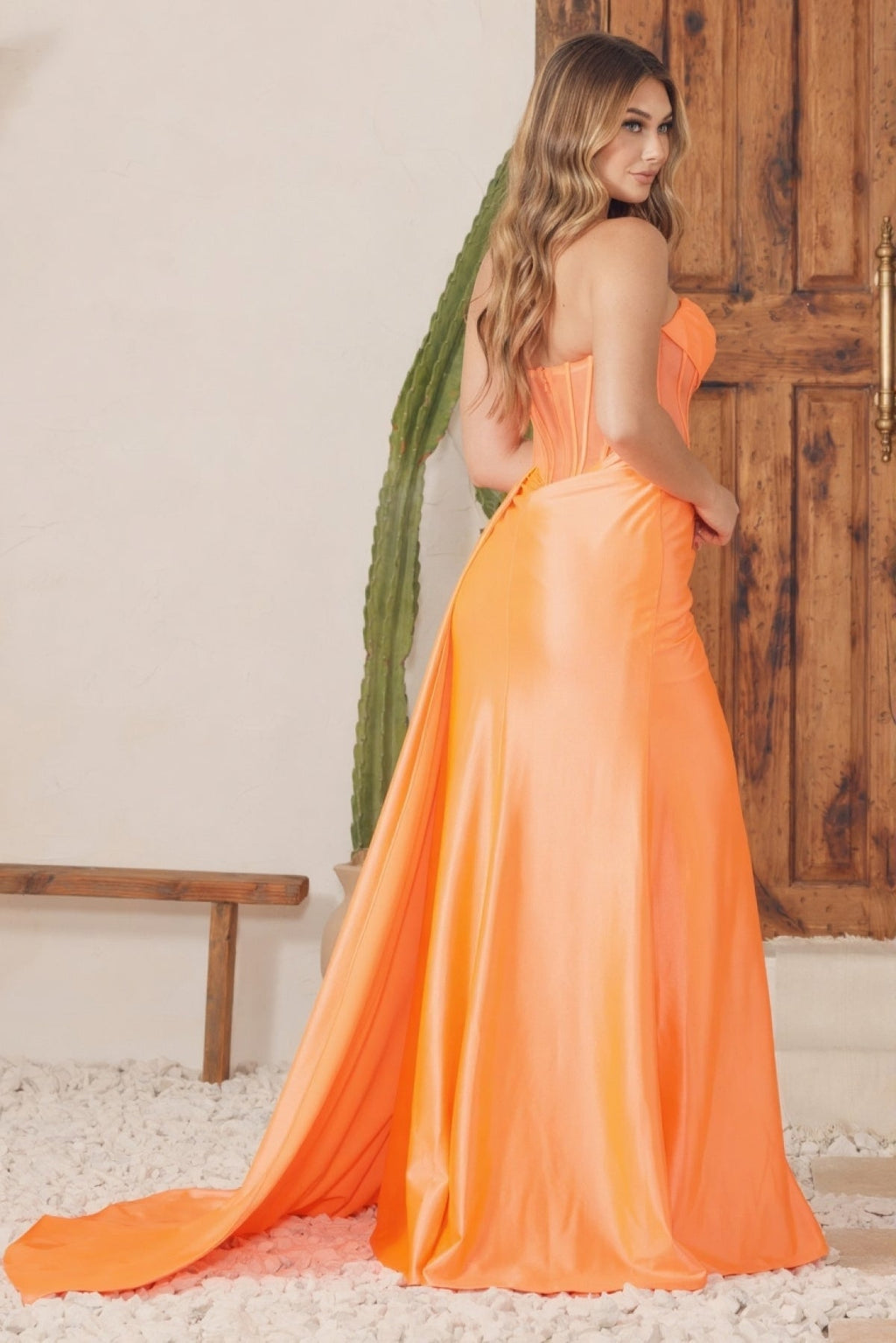 Strapless Soft Satin Sheath Graduation Gown w/ Draped Neckline & Sheer Corset Bodice NXE1237