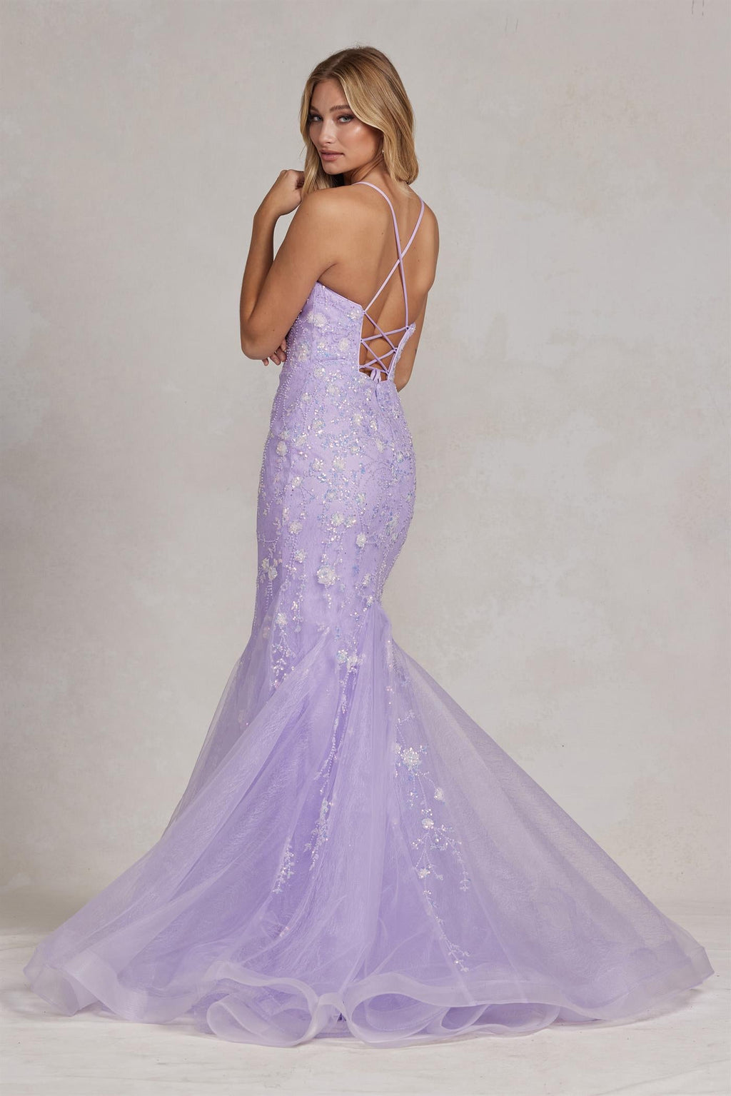 Mermaid Open Criss Cross Back Embroidered Flower Lace Long Prom Dress NXC1117