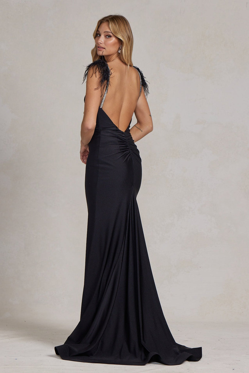 Mermaid Satin Embellished Feather Open Back Long Prom Dress NXT1138