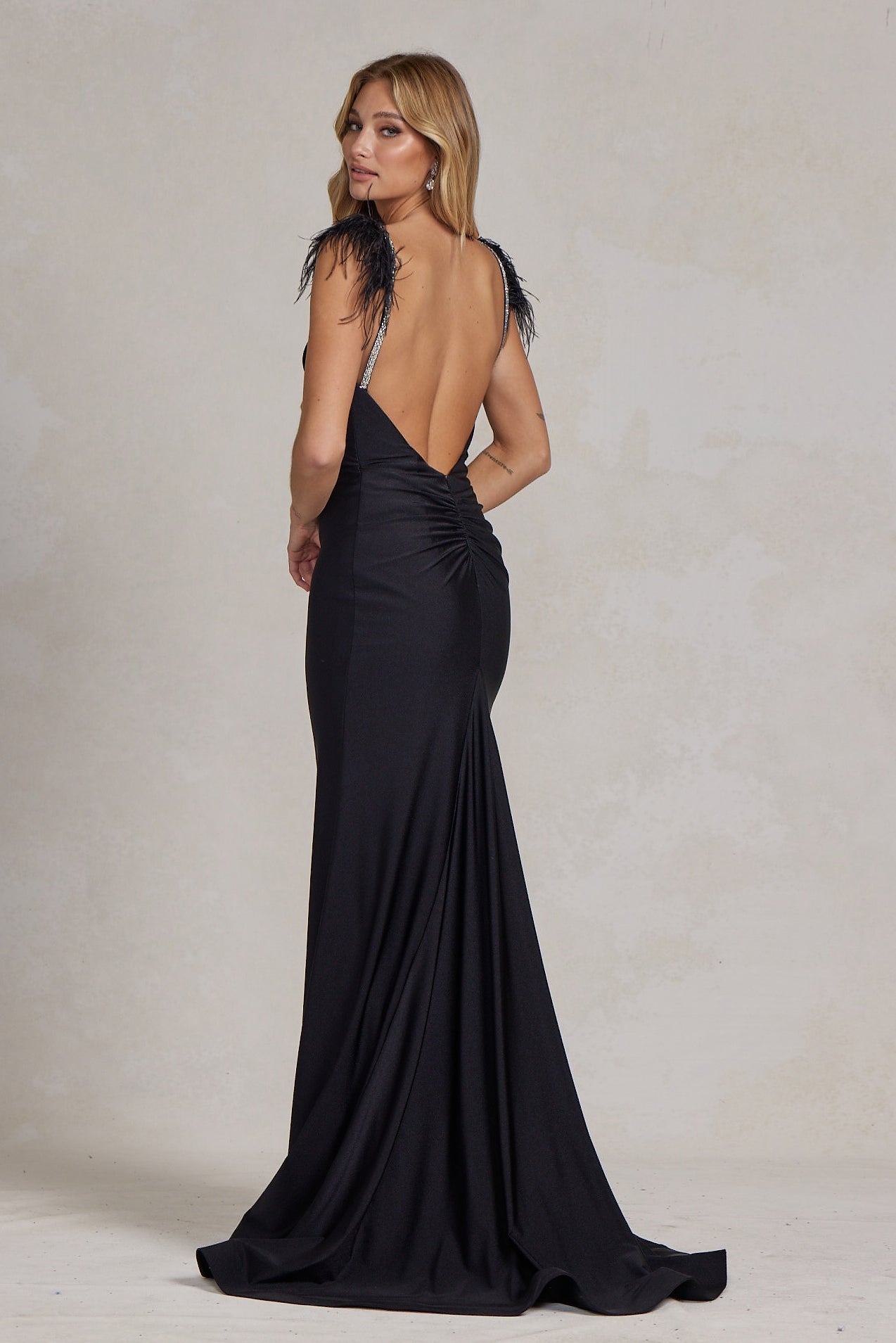 Mermaid Satin Embellished Feather Open Back Long Prom Dress NXT1138
