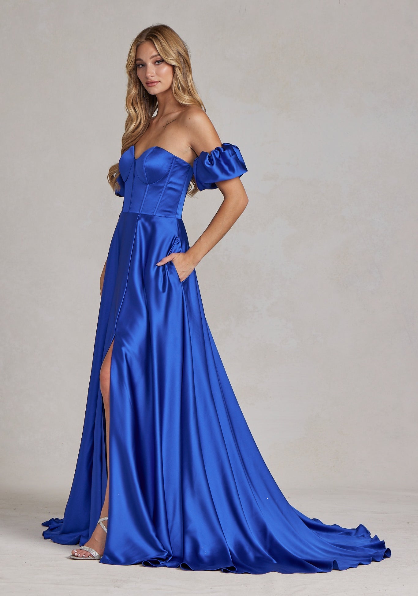 Off Shoulder Sweetheart Satin Side Slit Long Prom Dress NXK1122