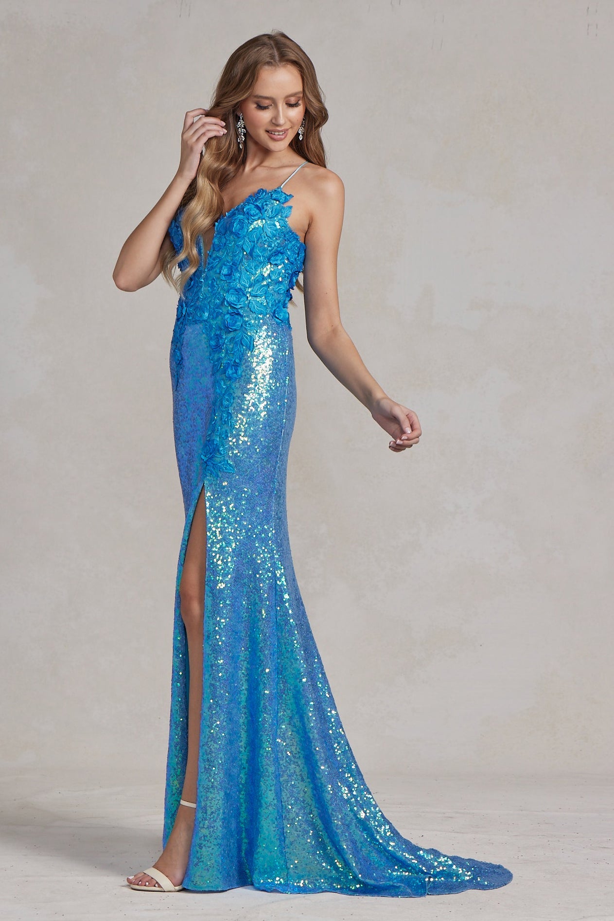 Side Slit Embroidered Applique Illusion V-Neck Long Evening Dress NXR1207