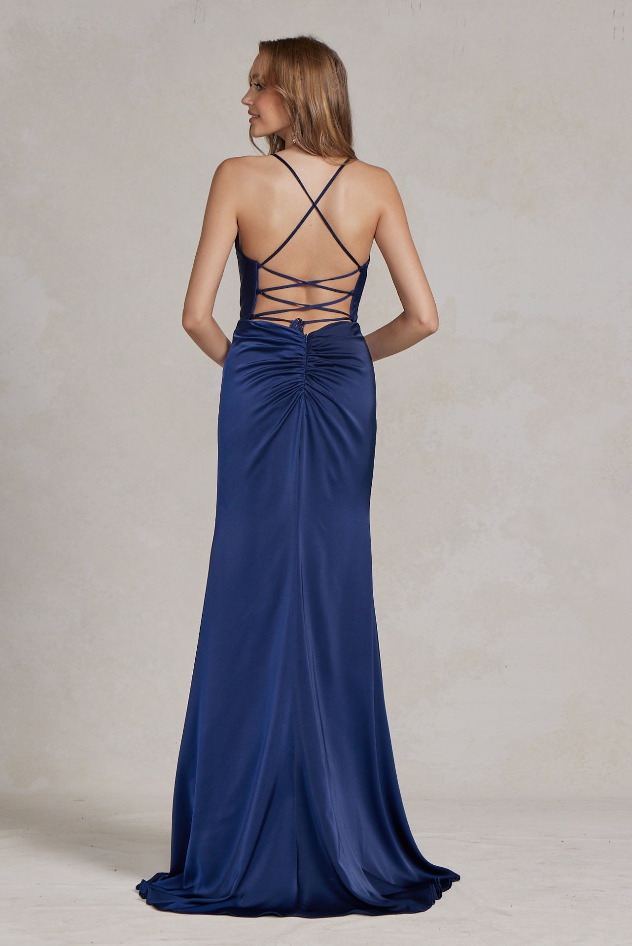 Side Slit Cowl Neck Satin Open Criss Cross Back Long Evening Dress NXE1068