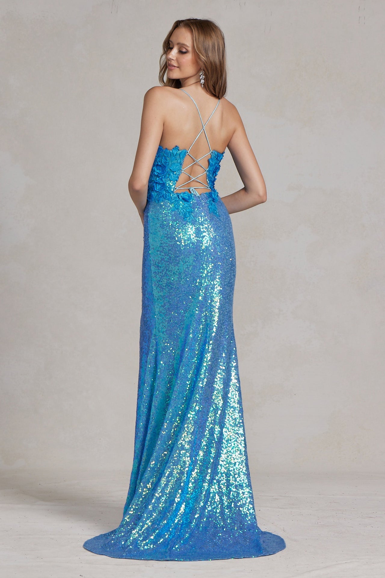 Side Slit Embroidered Applique Illusion V-Neck Long Evening Dress NXR1207