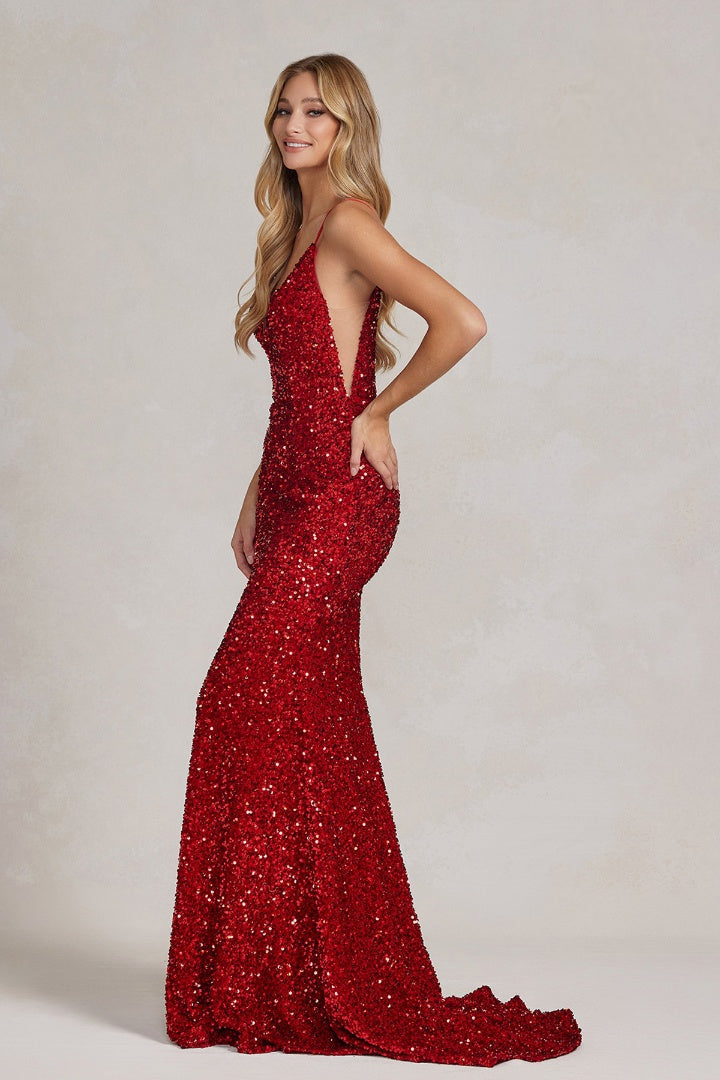 Mermaid Embroidered Sequins Sleeveless Open V-Back Long Evening Dress NXR1071