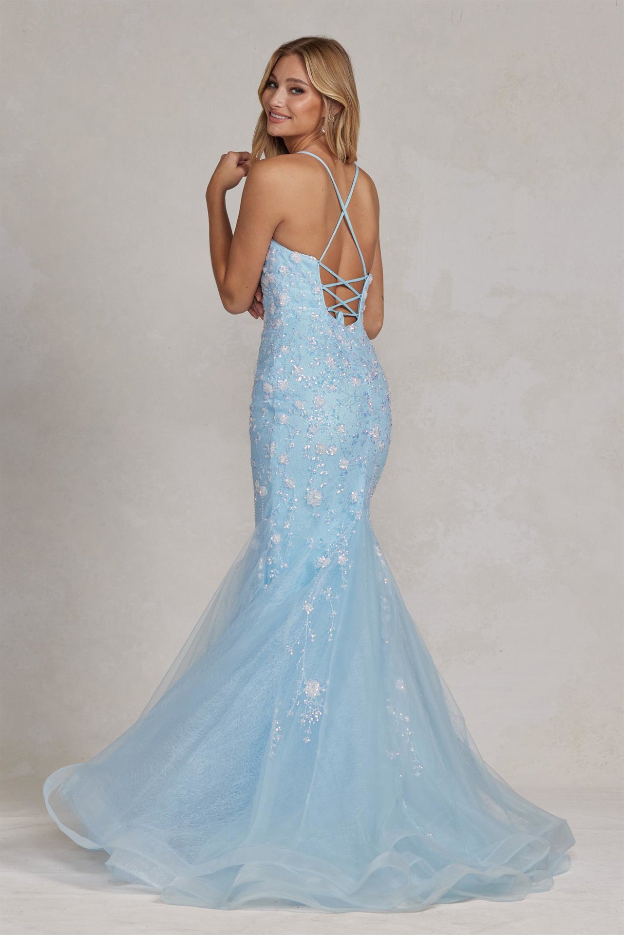 Mermaid Open Criss Cross Back Embroidered Flower Lace Long Prom Dress NXC1117