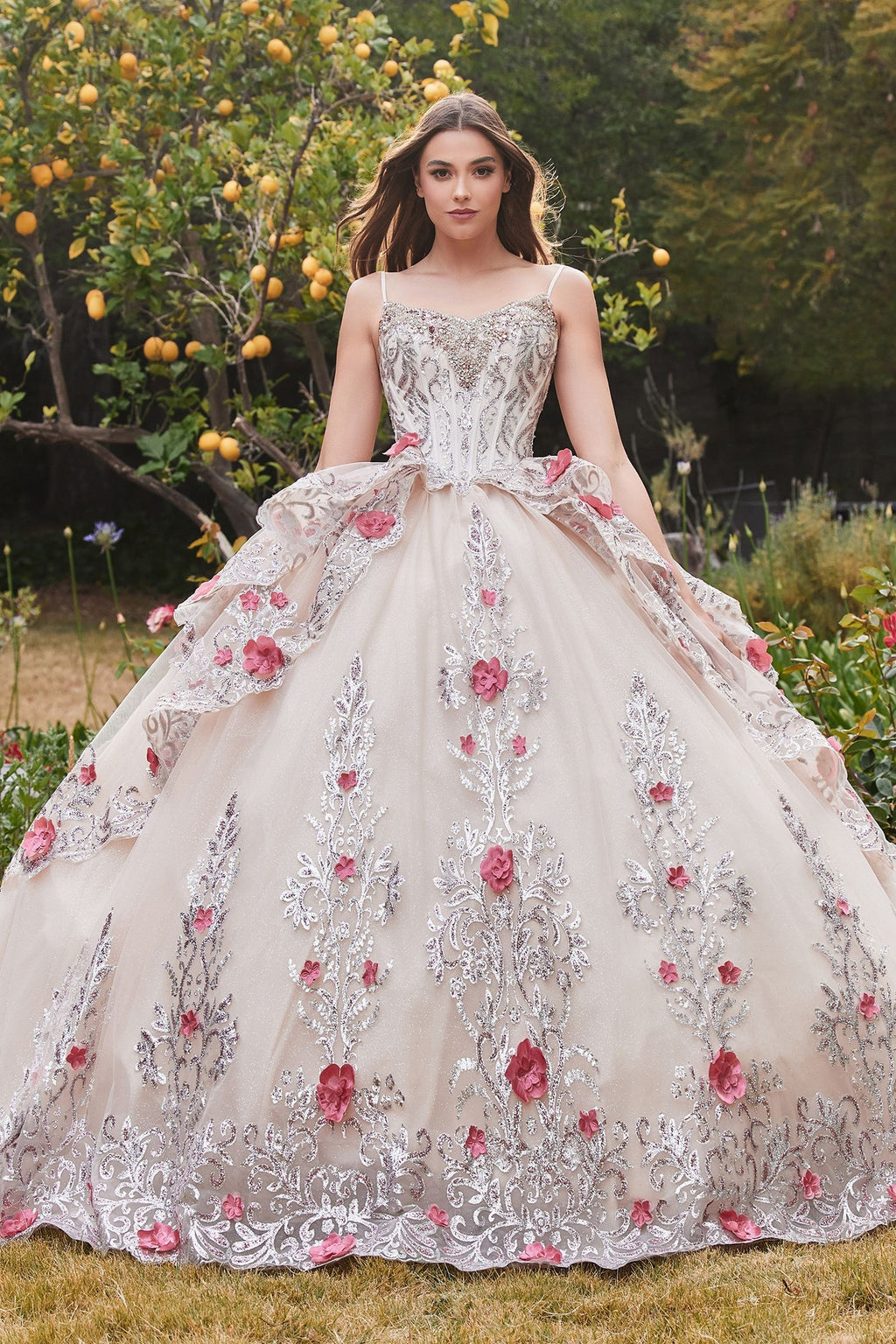 LAYERED TULLE QUINCE BALL GOWN WITH FORAL APPLIQUE CD15703