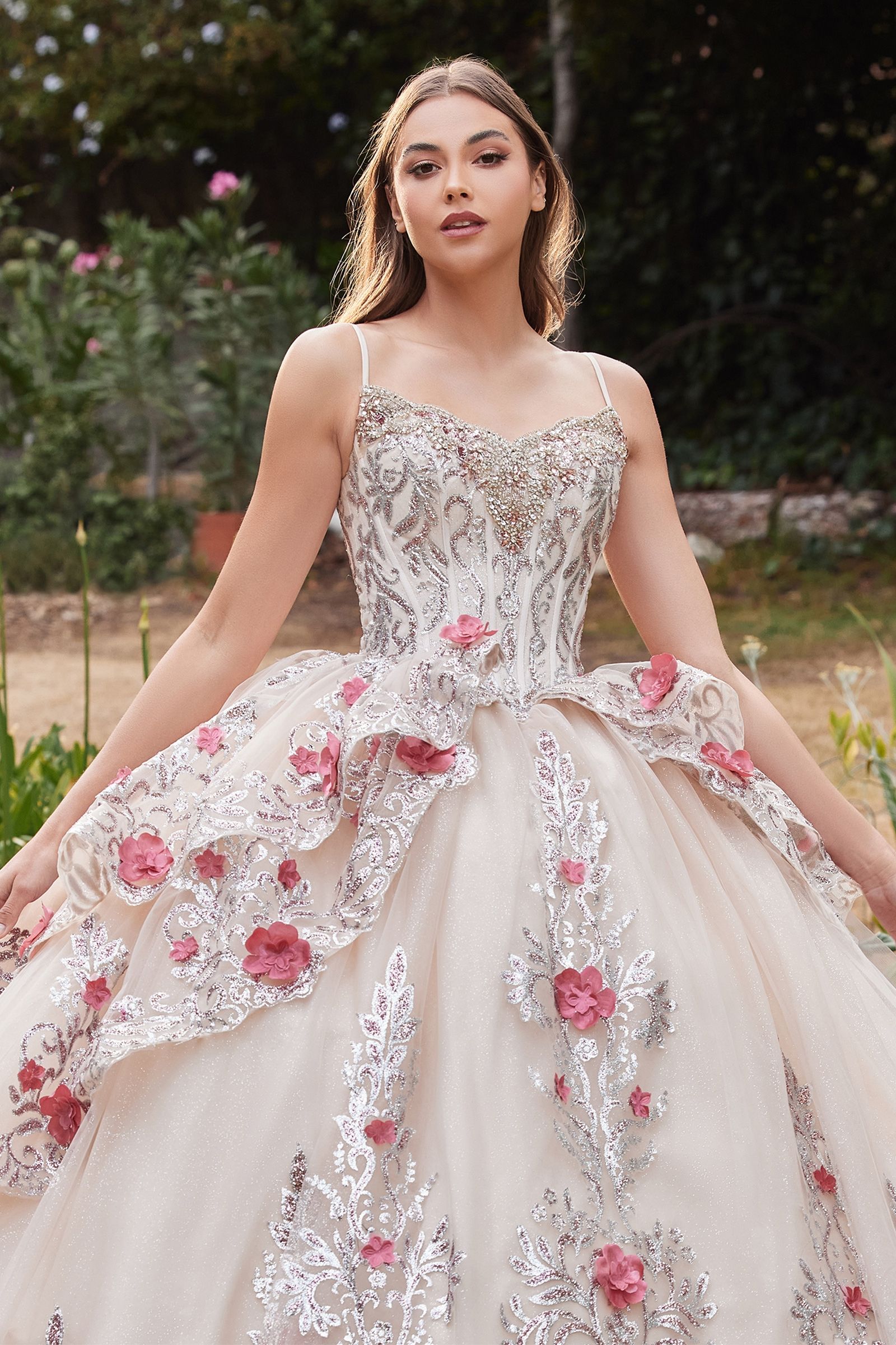 LAYERED TULLE QUINCE BALL GOWN WITH FORAL APPLIQUE CD15703