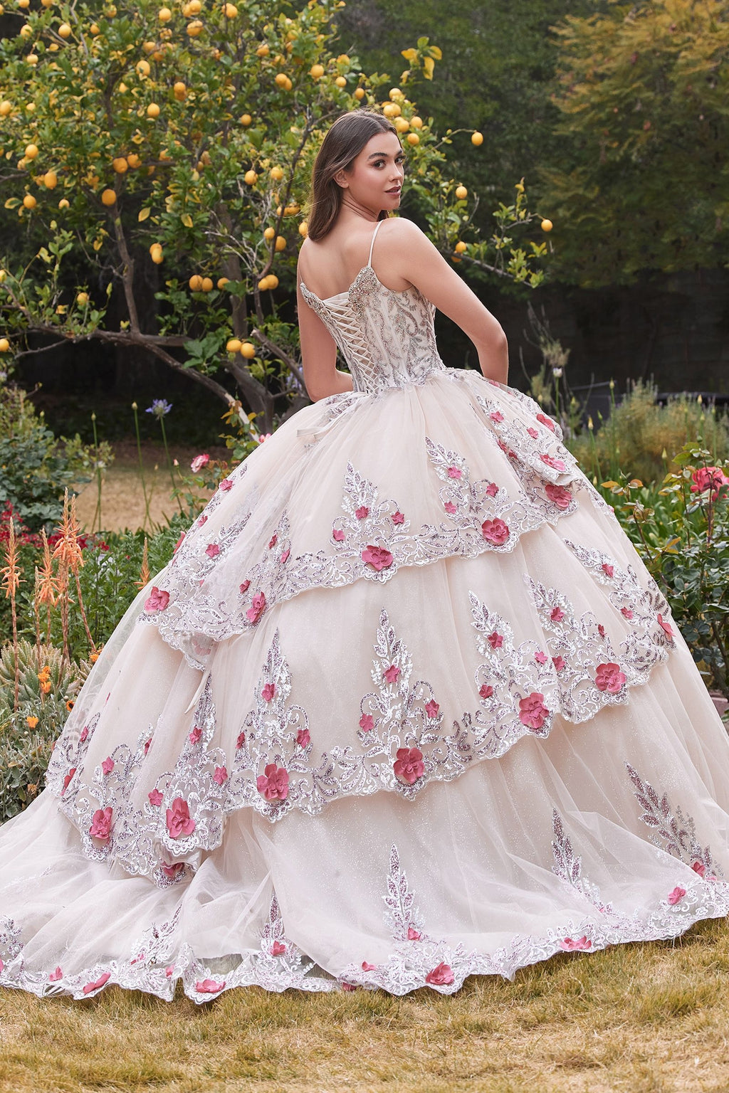 LAYERED TULLE QUINCE BALL GOWN WITH FORAL APPLIQUE CD15703