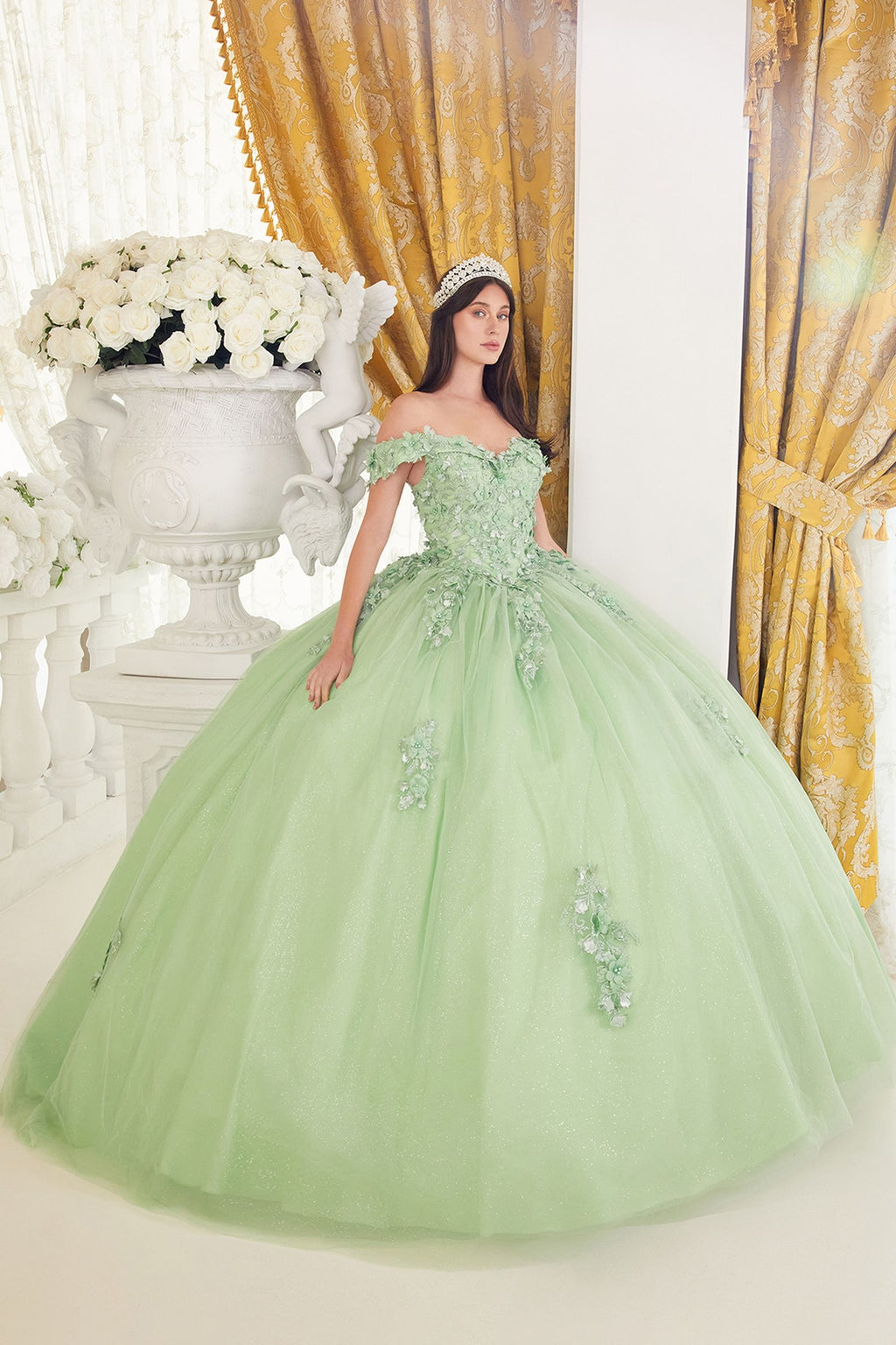 LACE OFF THE SHOULDER LAYERED TULLE BALL GOWN CD15710