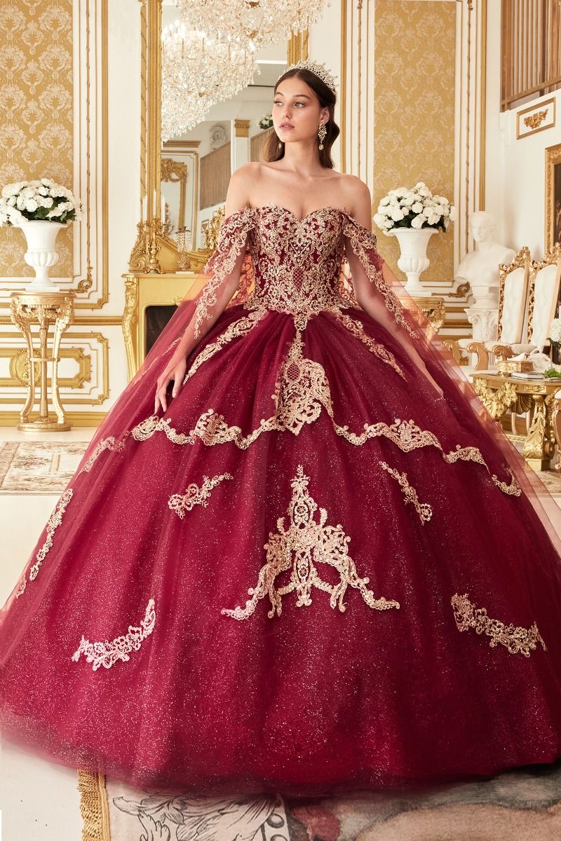 Navy, Burgundy, Emerald | Glitter Quinceañera Ball Gown with Gold Embroidery & Off-Shoulder Sleeves  CD15711