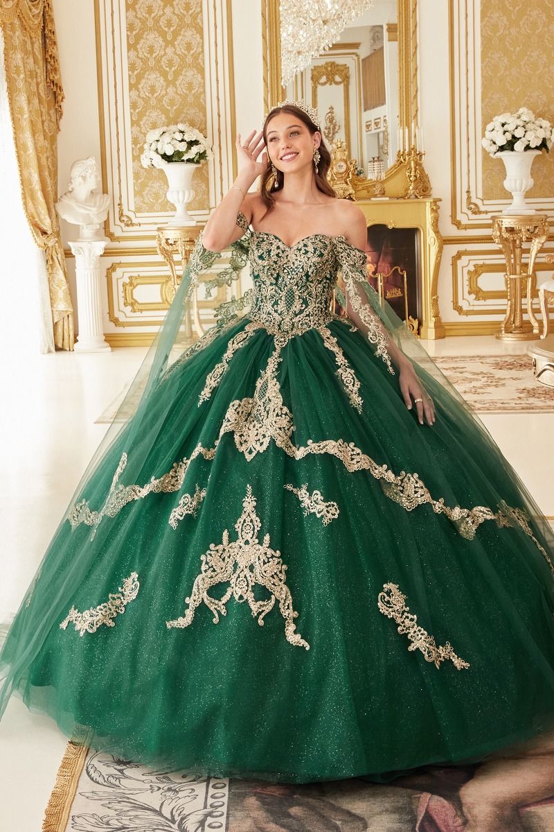 Navy, Burgundy, Emerald | Glitter Quinceañera Ball Gown with Gold Embroidery & Off-Shoulder Sleeves  CD15711