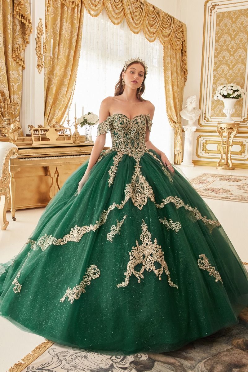 Navy, Burgundy, Emerald | Glitter Quinceañera Ball Gown with Gold Embroidery & Off-Shoulder Sleeves  CD15711