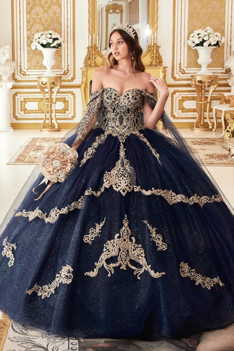 Navy, Burgundy, Emerald | Glitter Quinceañera Ball Gown with Gold Embroidery & Off-Shoulder Sleeves  CD15711