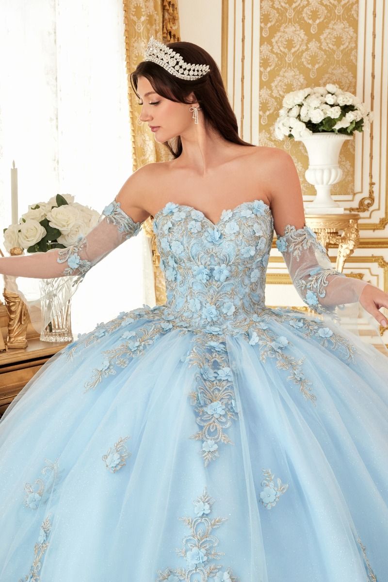 LAYERED TULLE BALL GOWN WITH FLORAL APPLIQUE CD15714