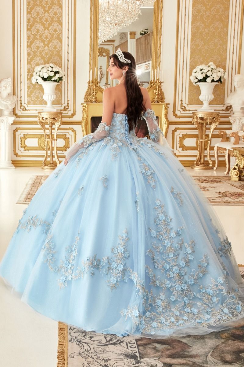 LAYERED TULLE BALL GOWN WITH FLORAL APPLIQUE CD15714