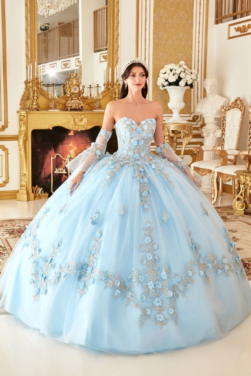 LAYERED TULLE BALL GOWN WITH FLORAL APPLIQUE CD15714