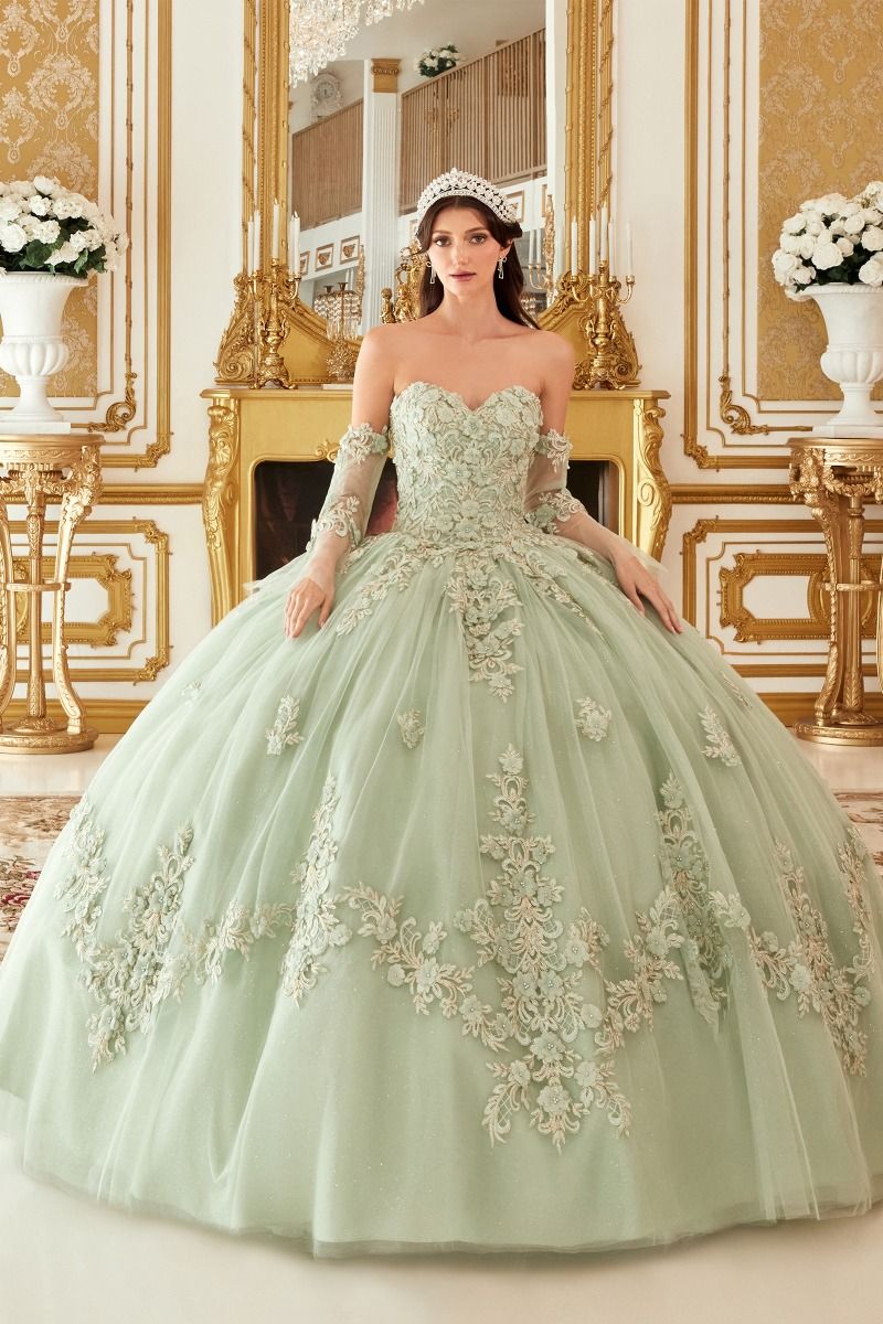 LAYERED TULLE BALL GOWN WITH FLORAL APPLIQUE CD15714