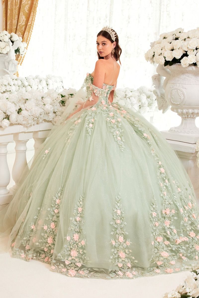 SAGE BALL GOWN WITH BLUSH FLORAL DETAILS CD15716