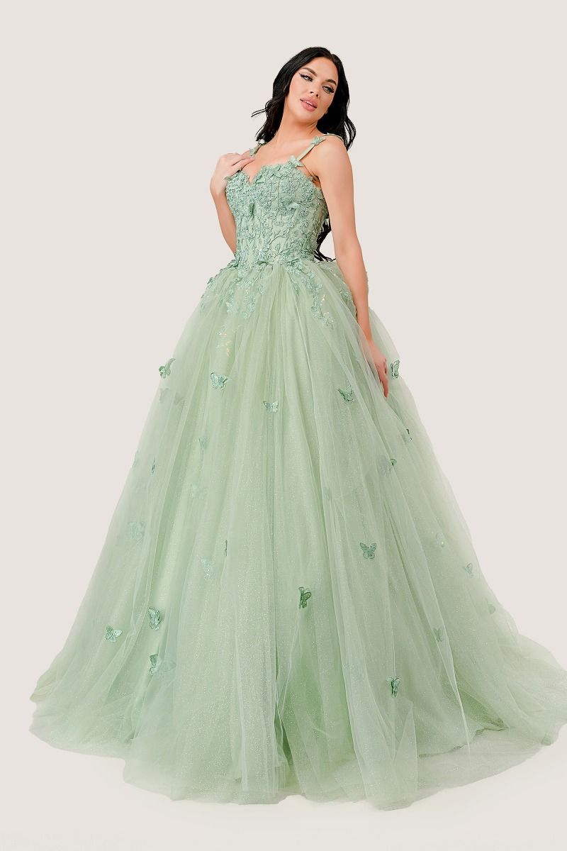 Sage Green | Butterfly Tulle Quinceañera Ball Gown with Beaded Bodice & Sweetheart Neckline  CD15718