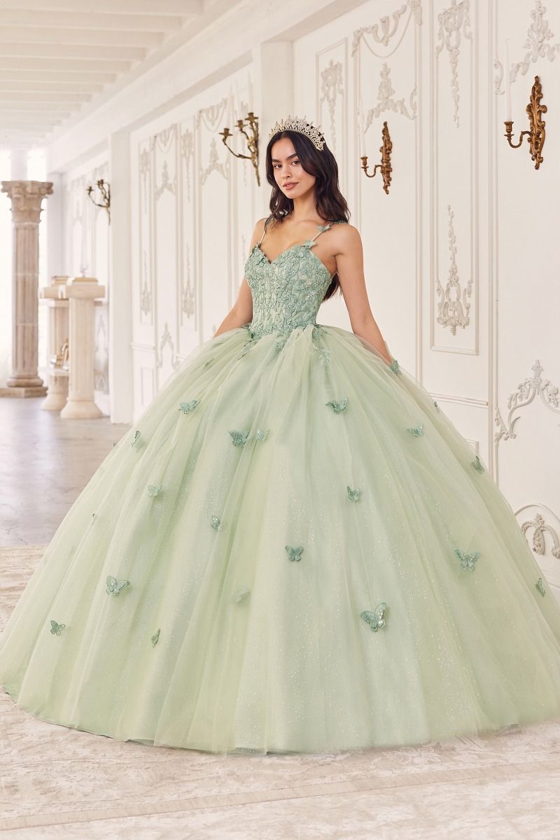 Sage Green | Butterfly Tulle Quinceañera Ball Gown with Beaded Bodice & Sweetheart Neckline  CD15718