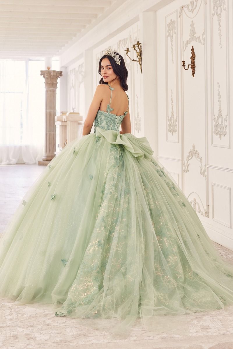 Sage Green | Butterfly Tulle Quinceañera Ball Gown with Beaded Bodice & Sweetheart Neckline  CD15718
