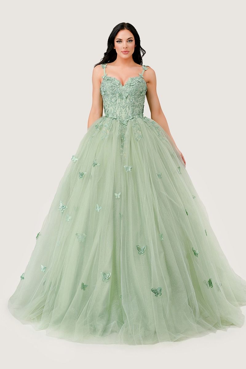 Sage Green | Butterfly Tulle Quinceañera Ball Gown with Beaded Bodice & Sweetheart Neckline  CD15718