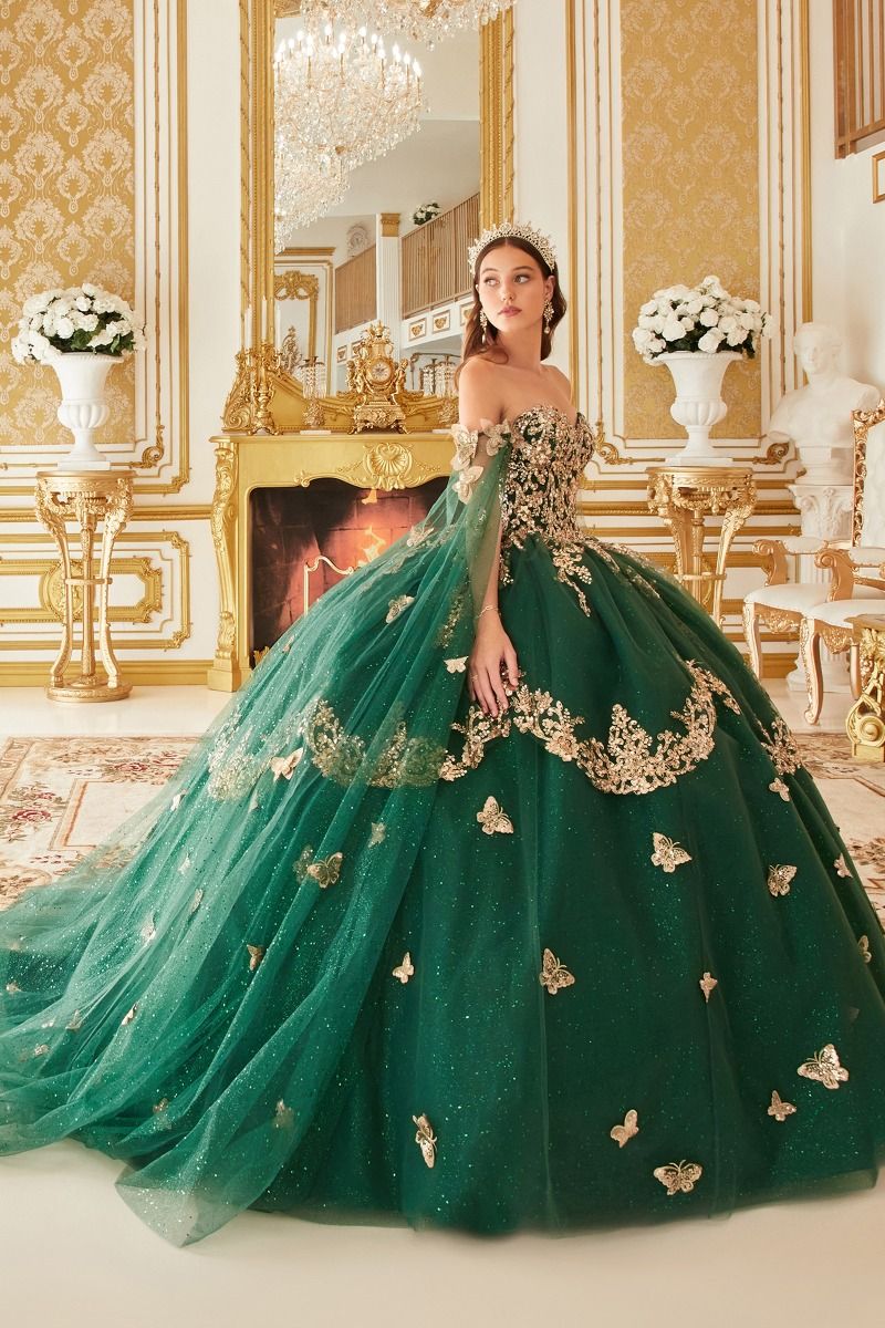 STRAPLESS LAYERED TULLE EMERALD BALL GOWN CD15721