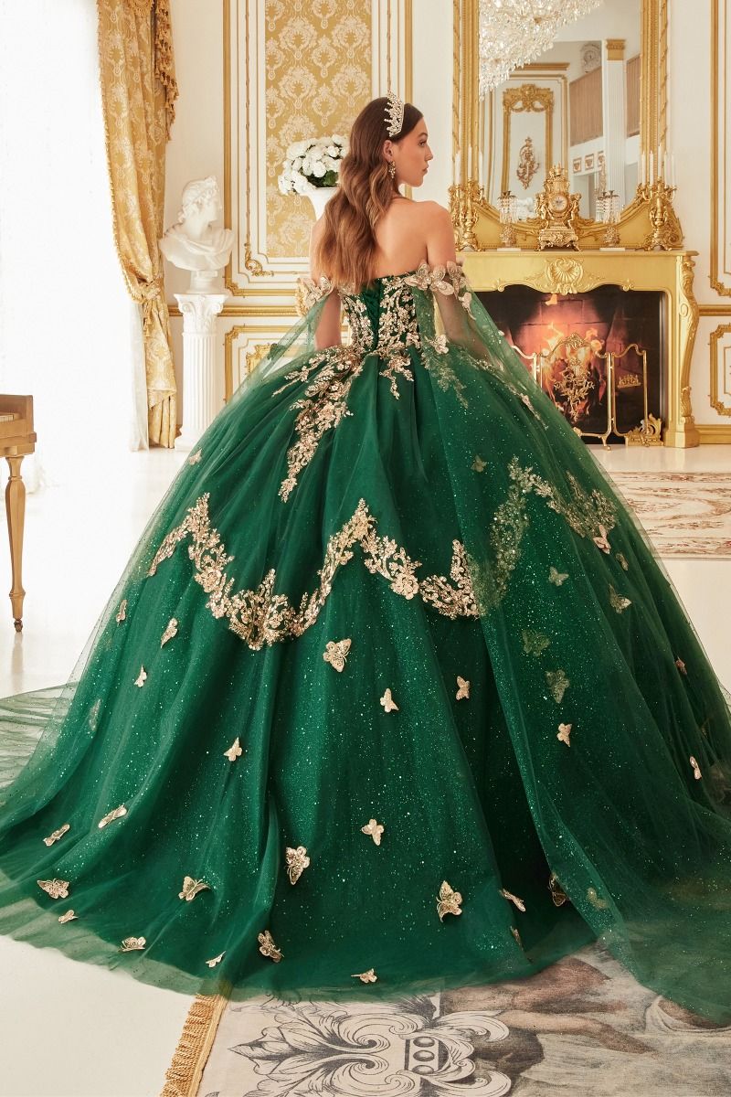 STRAPLESS LAYERED TULLE EMERALD BALL GOWN CD15721