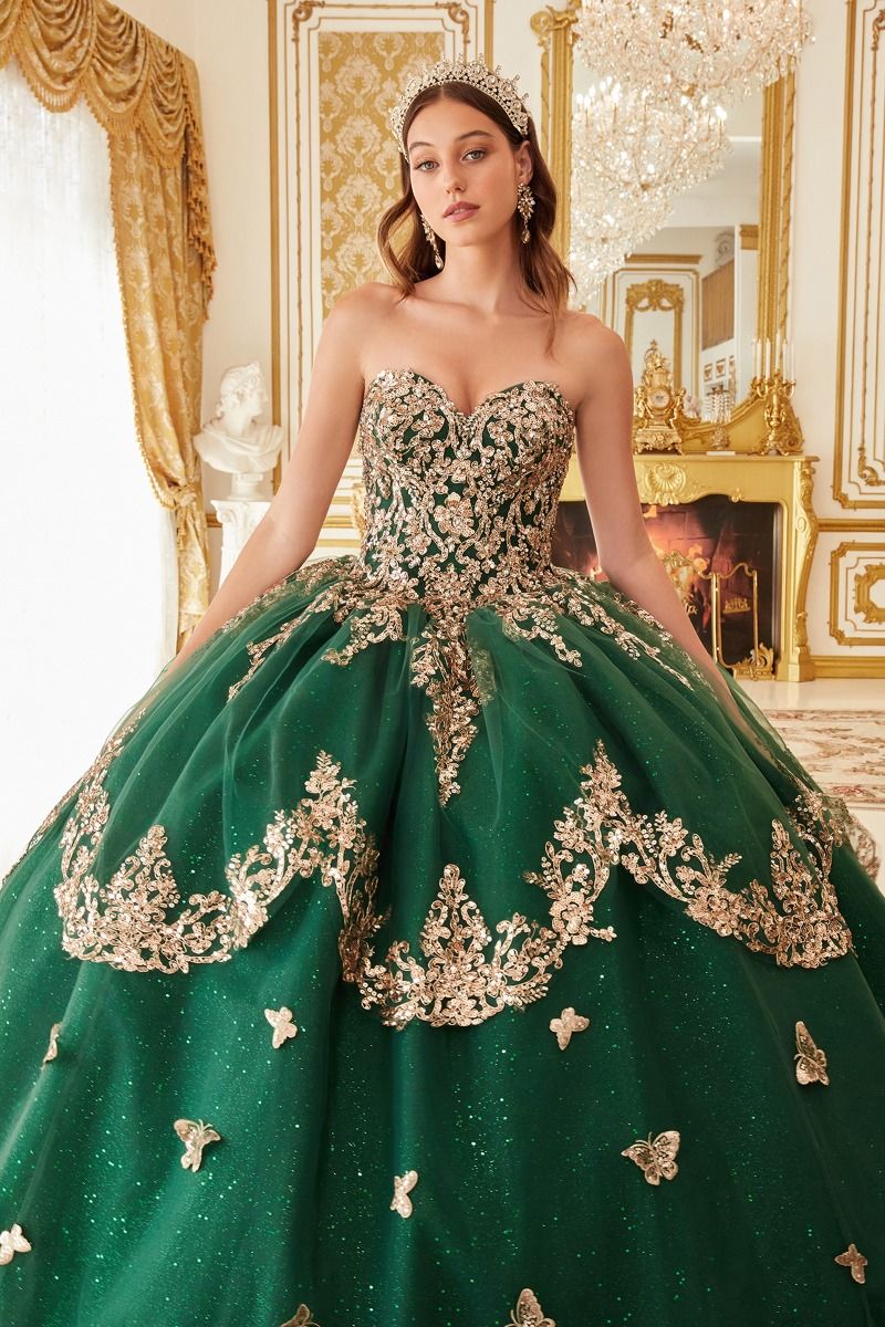 STRAPLESS LAYERED TULLE EMERALD BALL GOWN CD15721