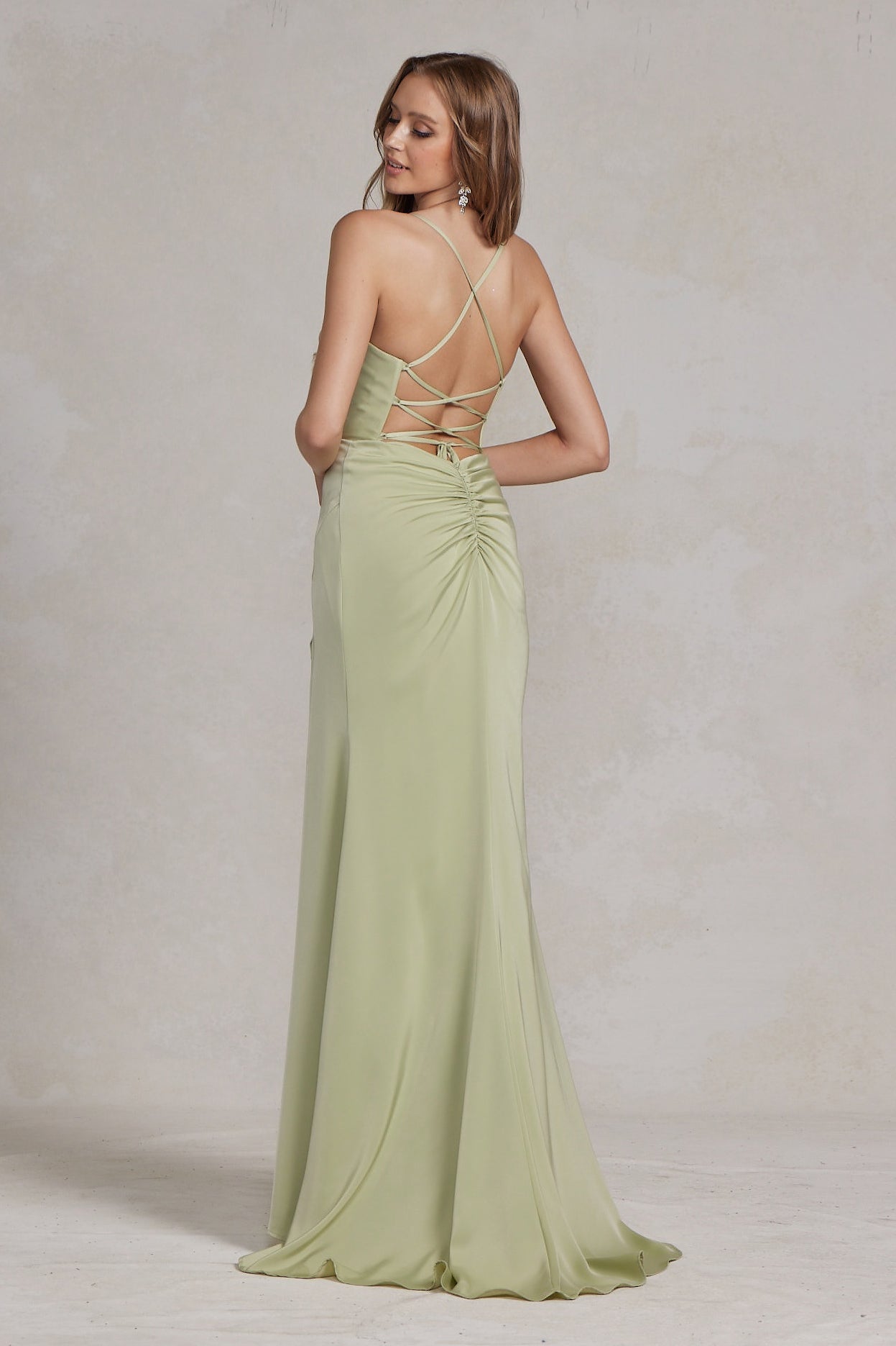 Side Slit Cowl Neck Satin Open Criss Cross Back Long Evening Dress NXE1068