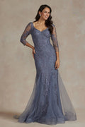 Embroidered Slate Blue Mother of the Bride Gown with Illusion Sleeves NXJQ504