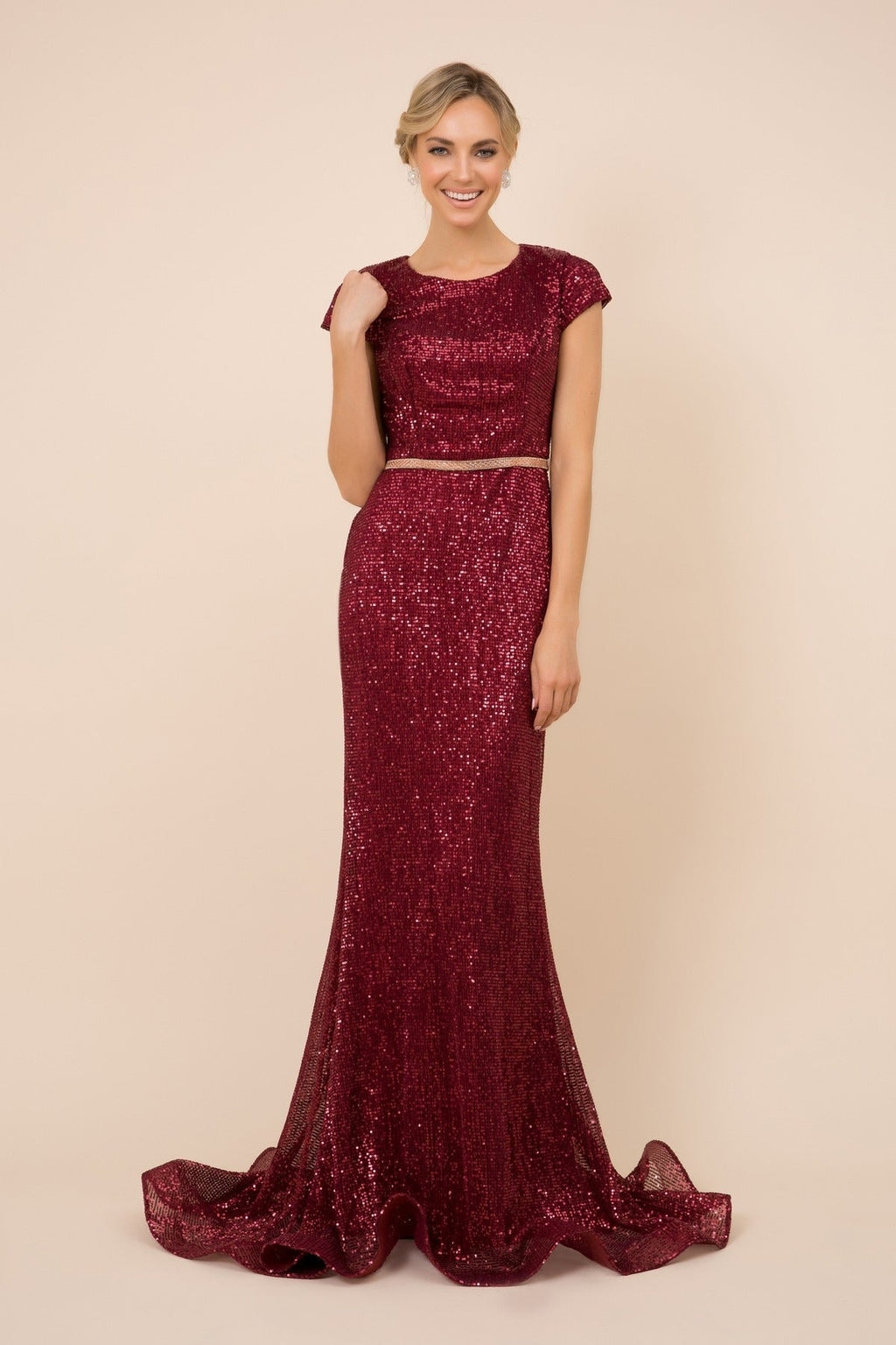 Short Sleeves Mermaid Embellished Sequin Close Back Long Evening Dress