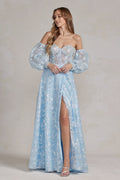 Off Shoulder Sweetheart Sheer Bodice Side Slit Open Back Long Prom Dress NXK1155