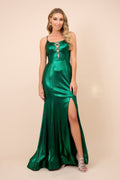 Emerald Green Metallic Lace-Up Gown – Shimmer Spaghetti Strap Dress with Slit NXM413