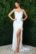 Embroidered Sequin Feather Skirt Side Slit Long Prom Dress NXR1059