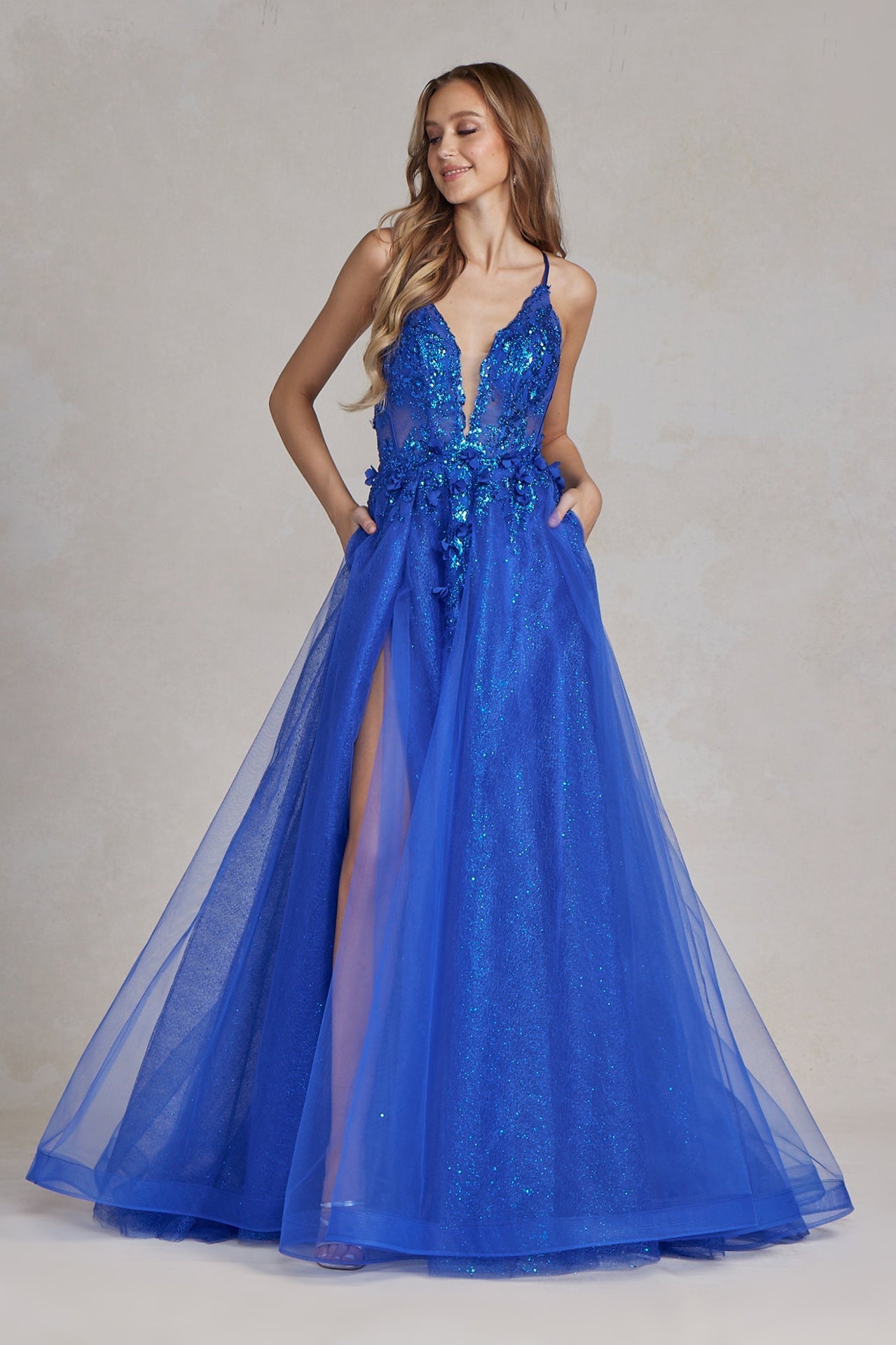 Emerald Green Glitter Tulle Gown with Deep V-Neck and Floral Appliqués – A-Line Prom Dress with Slit  NXC1113